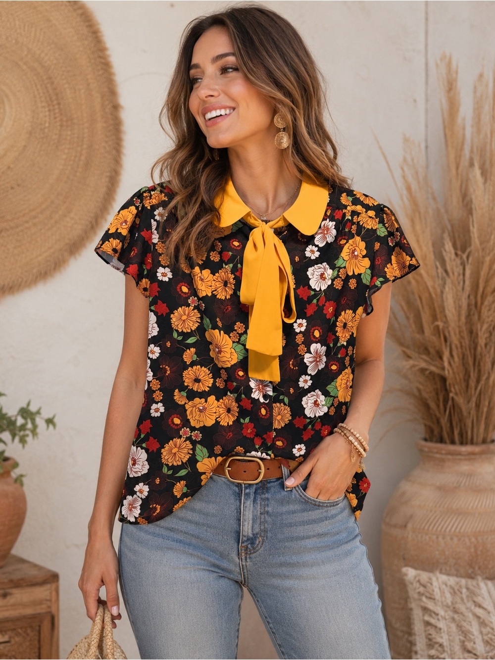 Voodoo Vixen Floral Tie-Neck Blouse – Vintage Retro Mustard Collar